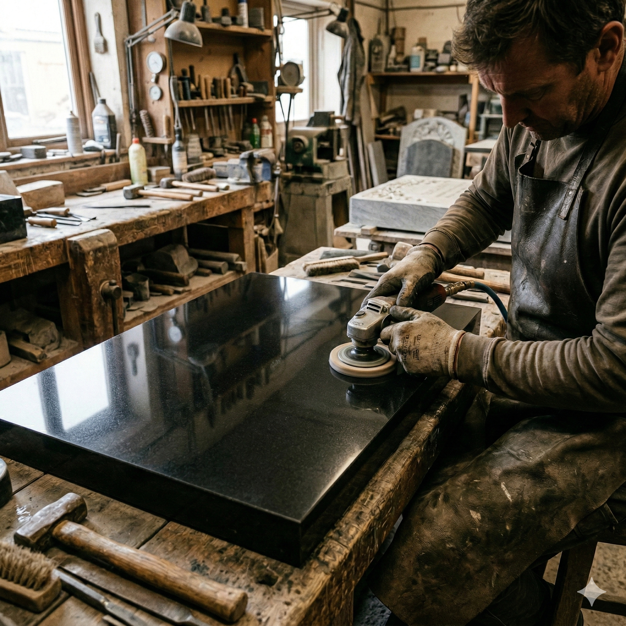 Stonebrook Monuments workshop — craftsman engraving granite